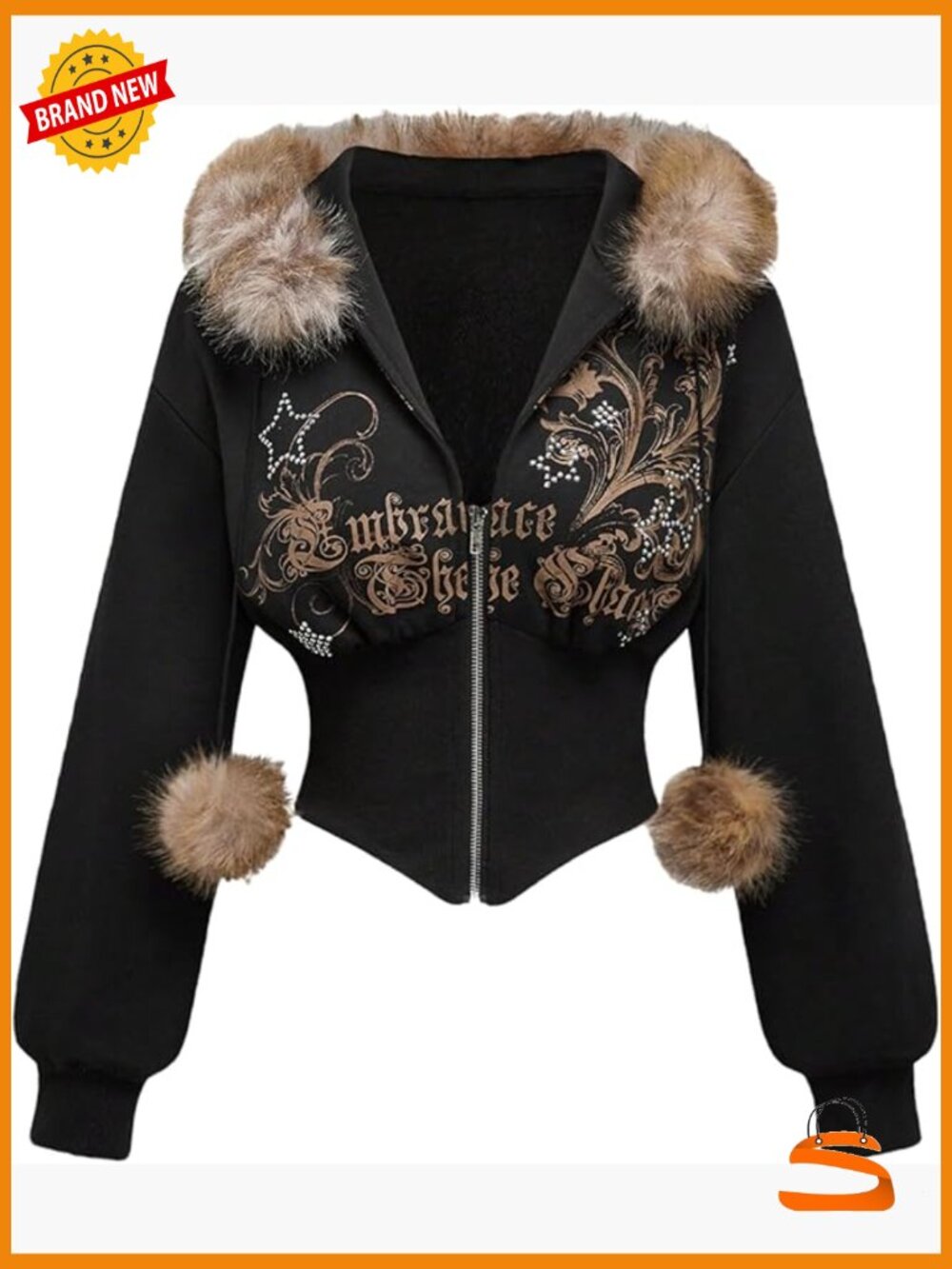 Graphic Rhinestone Faux Fur Hoodie Zip Up Jacket Long Sleeve